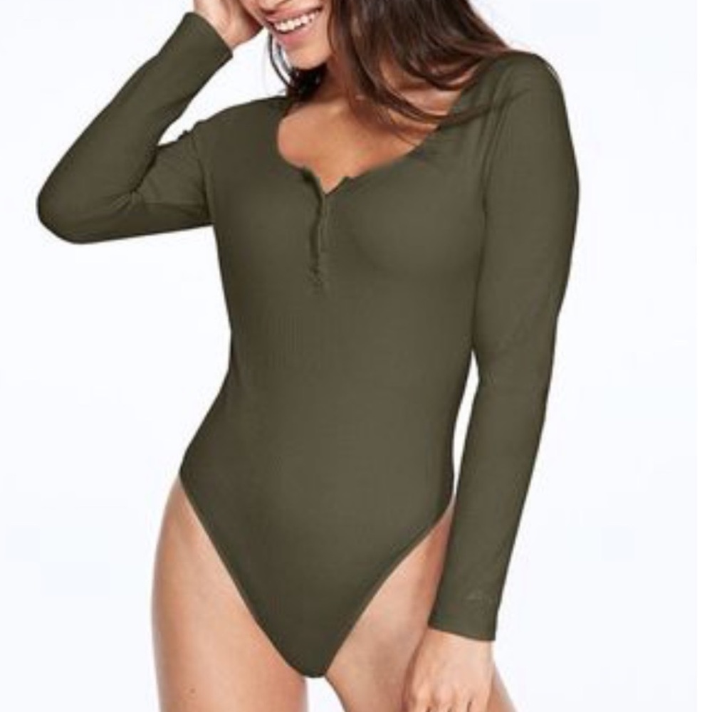 Boohoo Olive Green Ribbed Bodysuit